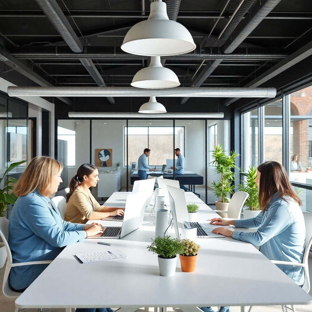 modern healthcare technology office with team members working on elder care solutions, natural lighting, collaborative workspace