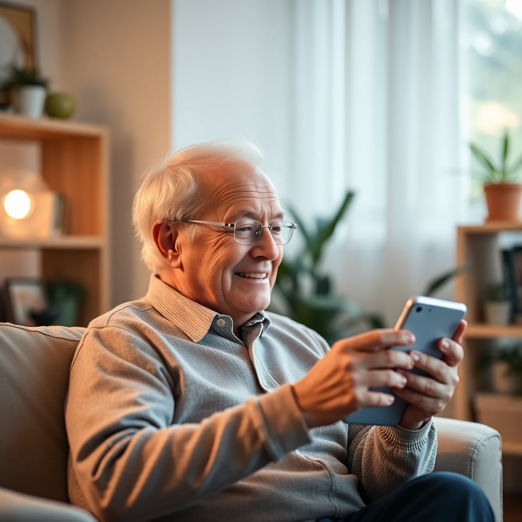 senior person at home with subtle technology, caring environment, natural lighting