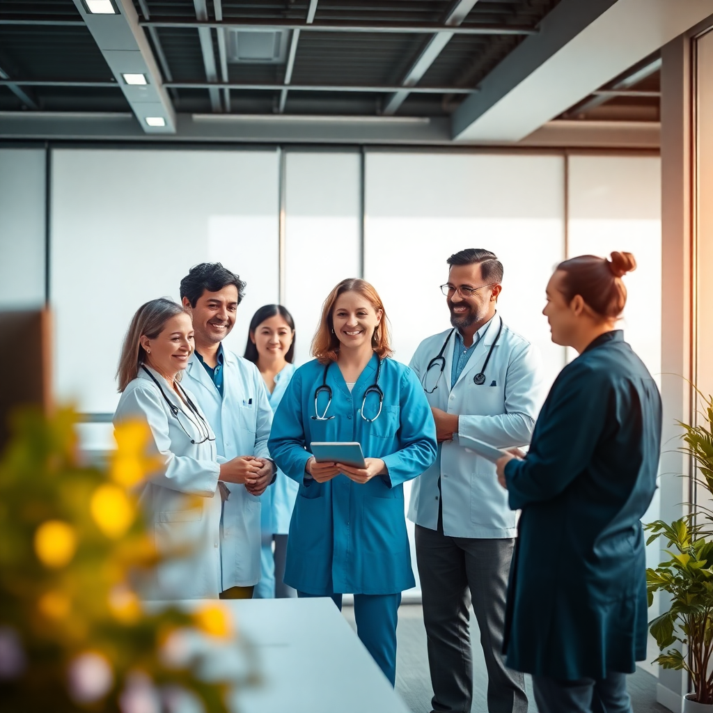 diverse team of healthcare technologists and engineers collaborating in modern office, warm lighting, professional but caring atmosphere