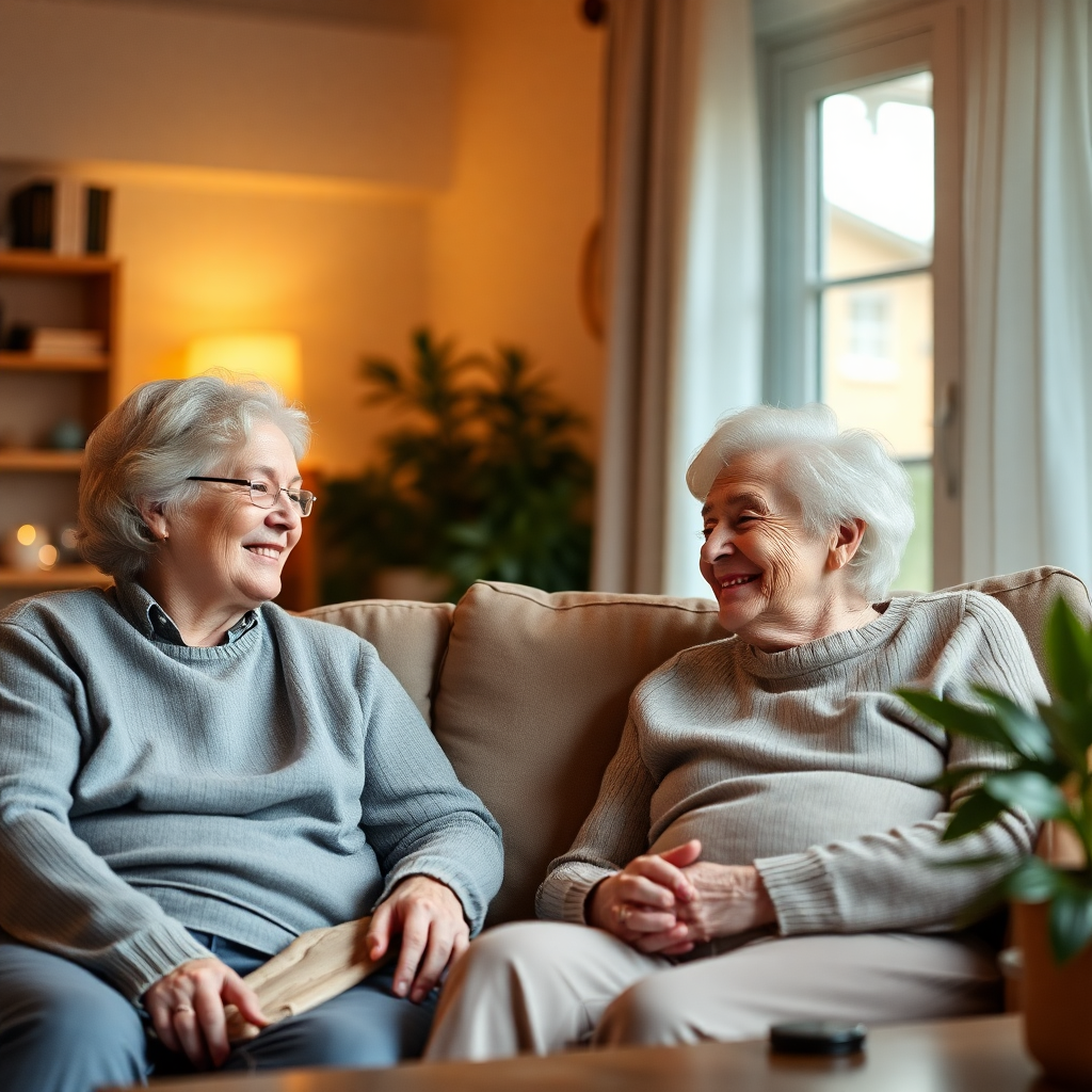 senior people living happily at home with caregivers, warm lighting, peaceful environment