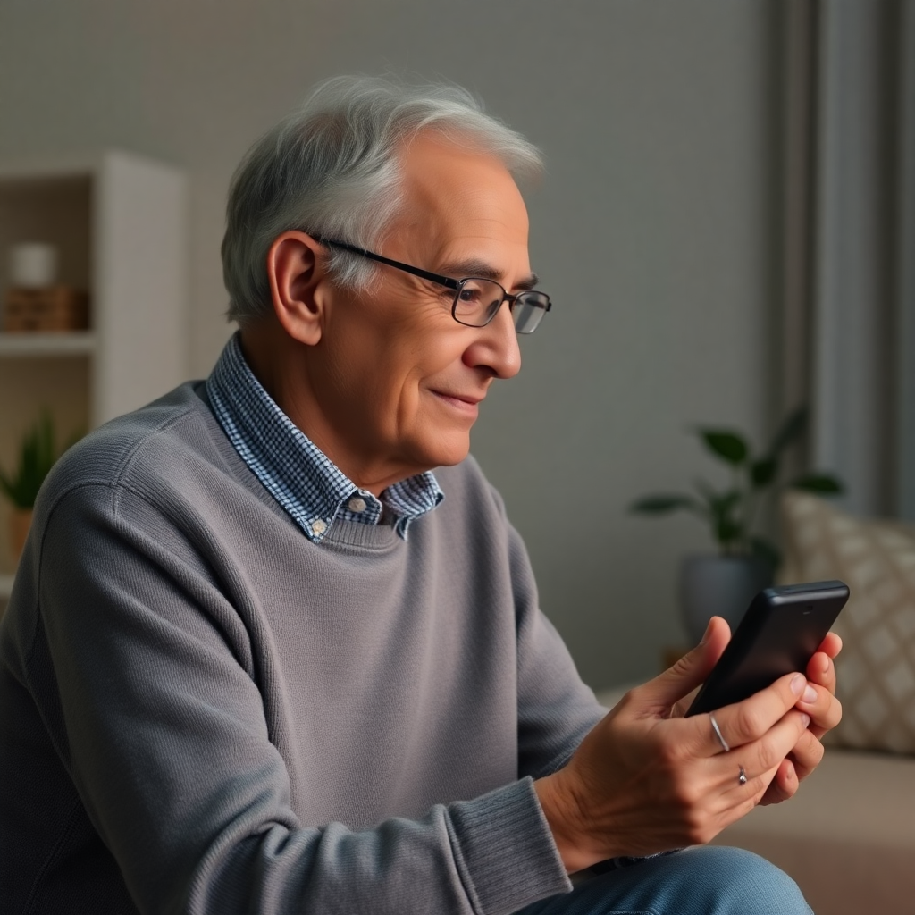 elderly person interacting with a voice assistant at home, calm and peaceful environment, soft lighting